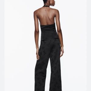 Zara NWT satin jacquard vest halter neck jumpsuit V neck - black floral -
